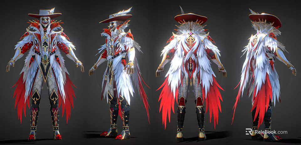 Game Movie Character Wearing Ornate Red And White Feather Costume With Golden Hat Details 3d model 
