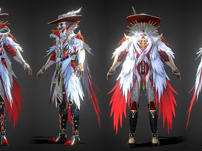 Game Movie Character Wearing Ornate Red And White Feather Costume With Golden Hat Details 3d model