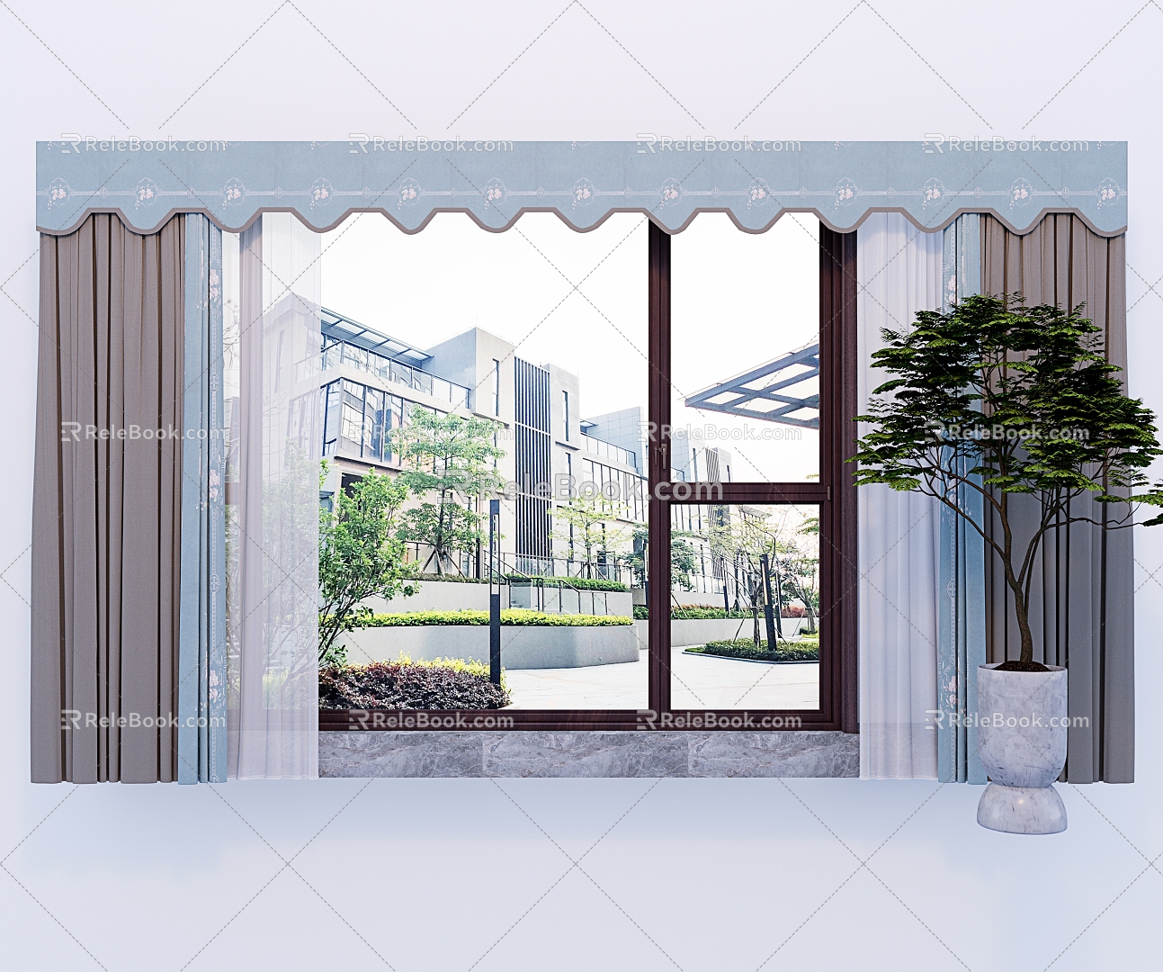 Chinese Curtain Window Green Plant Combination 3d model