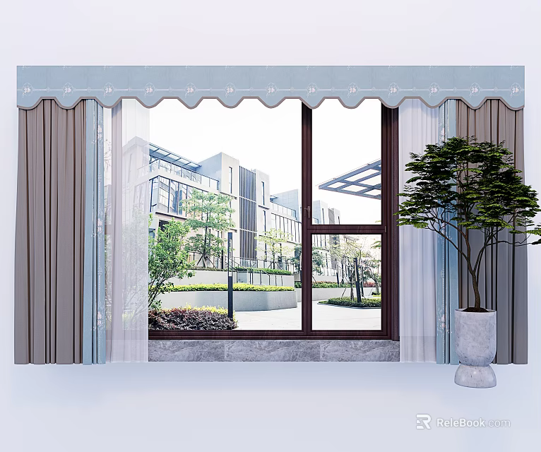 Gray and White Curtains with Scalloped Valance on Window Showing Modern Buildings and Green Plants 3d model 