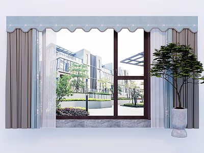 Gray and White Curtains with Scalloped Valance on Window Showing Modern Buildings and Green Plants 3d model