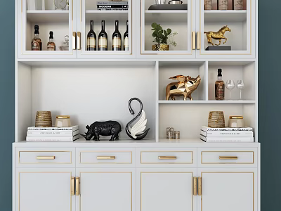 Elegant White Wine Cabinet With Gold Handles Decorative Figurines Green Plant And Glassware 3d model