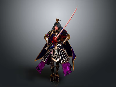 A Man Standing in Ornate Golden Armor With Purple Cape Wielding Red Sword 3d model