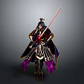 A Man Standing in Ornate Golden Armor With Purple Cape Wielding Red Sword