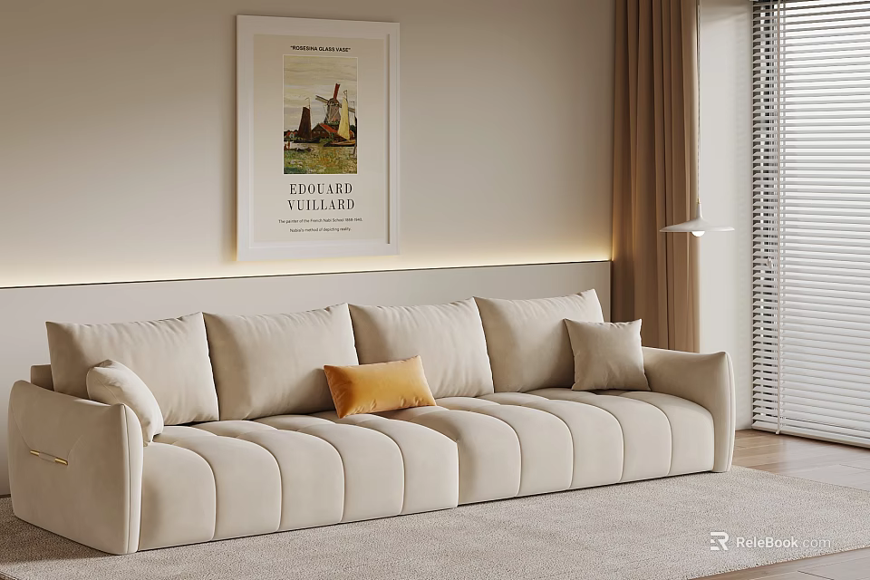 Modern Living Room With Beige Sofa Accent Pillows Wall Poster Curtains And Blinds 3d model 