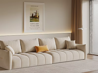 Modern Living Room With Beige Sofa Accent Pillows Wall Poster Curtains And Blinds 3d model