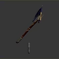 Ornate Blue Axe with Red Handle and Gold Decorative Details and Small Accessories