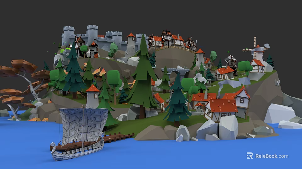 European Style Architecture Featuring Medieval Castle Red Roof Houses Windmill And Green Trees 3d model 