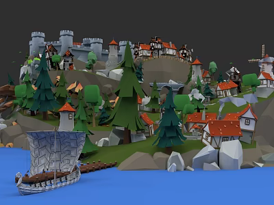 European Style Architecture Featuring Medieval Castle Red Roof Houses Windmill And Green Trees 3d model
