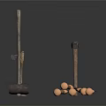 Antique Weapons Assortment Featuring Three Different Sizes Hammers and Wooden Handle Knives