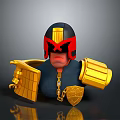 Cartoon Armored Character with Red Black Helmet Blue Clothing Golden Armor and Shield