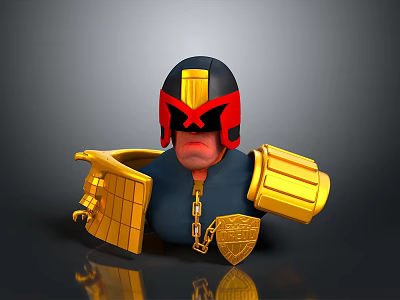 Cartoon Armored Character with Red Black Helmet Blue Clothing Golden Armor and Shield 3d model