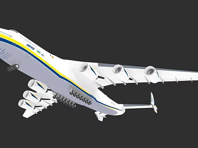 AN 225 Large Cargo Airplane With White Yellow Blue Stripes And Multiple Engines Flying 3d model