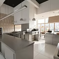 Modern Restaurant Interior With Dining Tables Chairs Pendant Lights And Open Kitchen