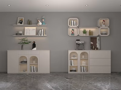 Elegant Modern Sideboard With Open Shelves Drawers And Wall Decorations 3d model