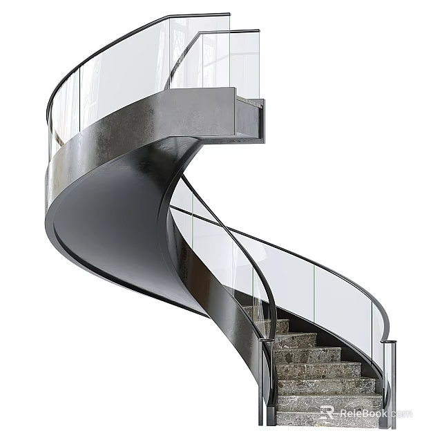 Modern Spiral Staircase With Glass Railing And Stone Steps Design 3d model 
