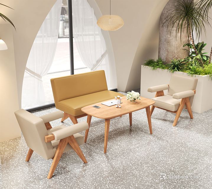 Stylish Wooden Table And Chair Set With Beige Armchairs Yellow Bench Arch Window Green Plants 3d model 