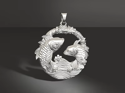 Artistic Silver Fish Pendant With Intricate Wave And Decorative Patterns Design 3d model