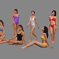 Women in Different Colored Swimsuits with Various Poses Standing Kneeling and Sitting 3d model