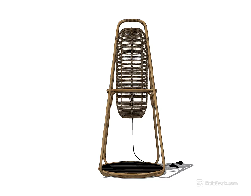 Rattan Floor Lamp With Conical Design Woven Shade Wooden Frame Black Base 3d model 