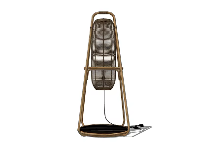 Rattan Floor Lamp With Conical Design Woven Shade Wooden Frame Black Base 3d model