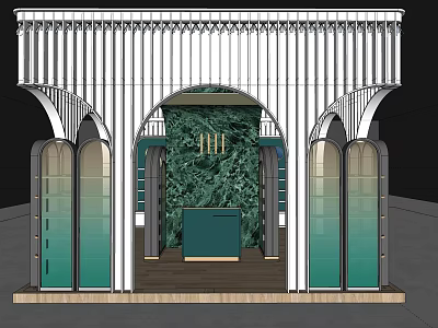 Elegant Storefront Design With White Striped Canopy Arched Entrance Green Marble Wall And Counter 3d model