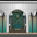 Elegant Storefront Design With White Striped Canopy Arched Entrance Green Marble Wall And Counter