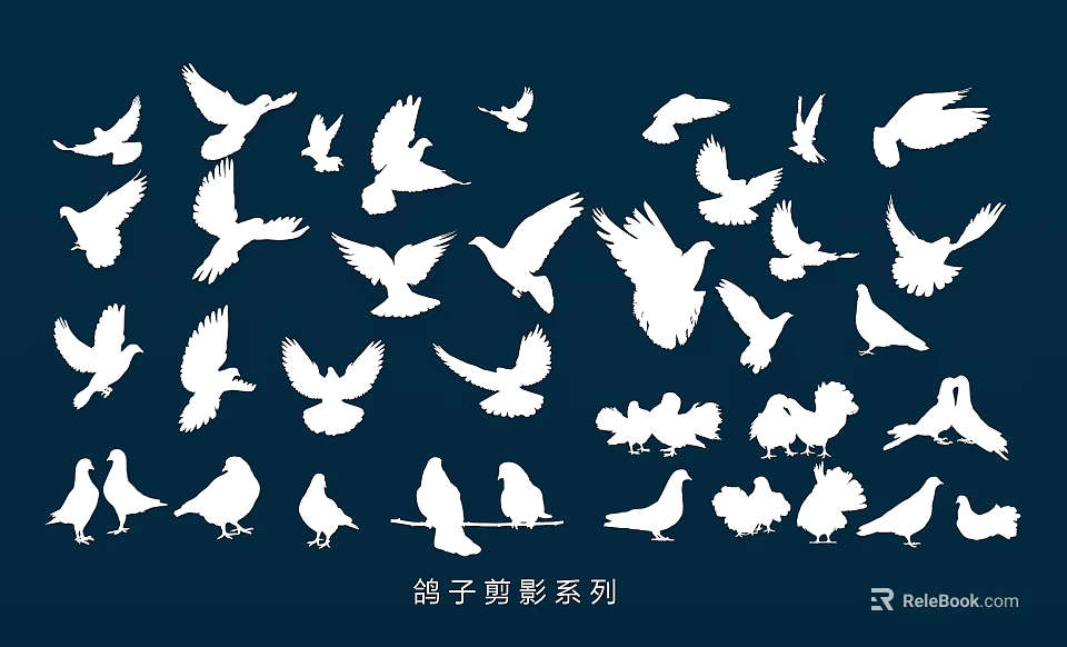 White Pigeon Silhouette Series Wall Decor With Various Flying And Standing Poses 3d model 