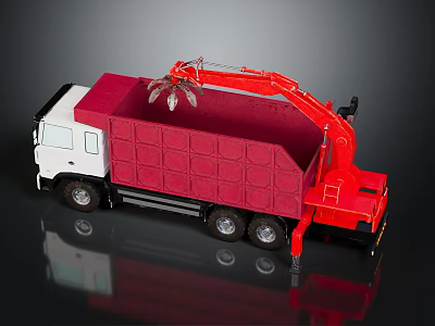 Red and White Garbage Truck Featuring Mechanical Arm and Red Dumpster Bed 3d model