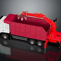 Red and White Garbage Truck Featuring Mechanical Arm and Red Dumpster Bed