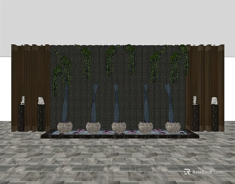 Wooden Background Wall With Green Vines Fountains Stone Bases And Black Pillars 3d model 