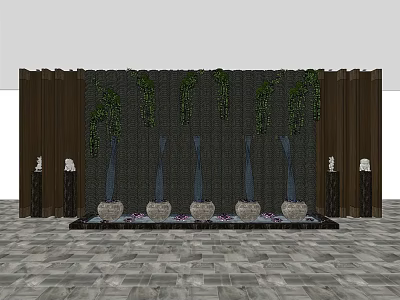 Wooden Background Wall With Green Vines Fountains Stone Bases And Black Pillars 3d model