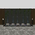 Wooden Background Wall With Green Vines Fountains Stone Bases And Black Pillars