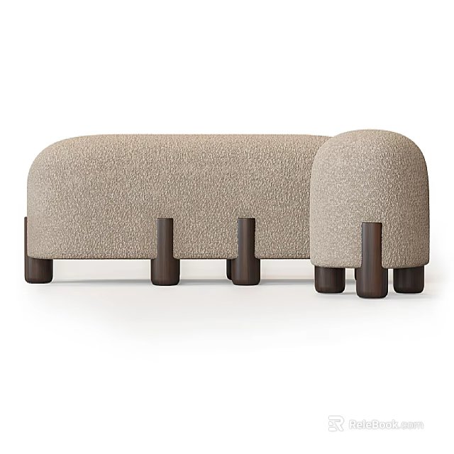 Beige Fabric Sofa Stools With Dark Wooden Legs And Minimalist Design 3d model 