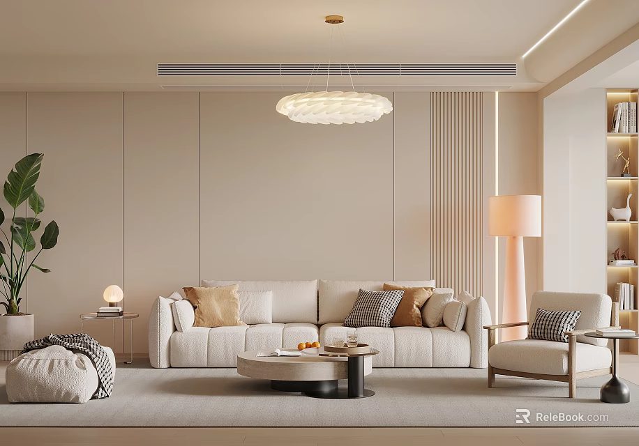 Modern Living Room Interior Design With Beige Sofa Pendant Light Floor Lamp And Green Plant 3d model 