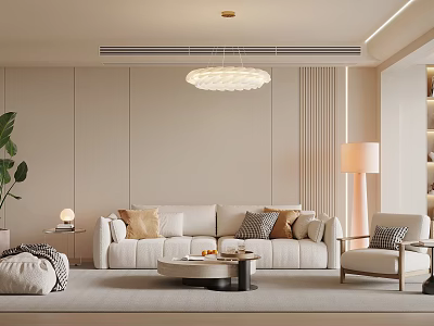 Modern Living Room Interior Design With Beige Sofa Pendant Light Floor Lamp And Green Plant 3d model