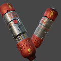 Red Silver Dual Barrel Weapon With Yellow Glowing Elements Flame Patterns And Metallic Surface Structure