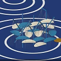 Modern Garden Landscape With Artistic Blue White Sculptural Elements And Yellow Circular Areas