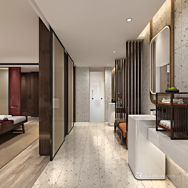 Modern Hotel Guest Room Interior with Wooden Screens Marble Floors and Vanity Mirror 3d model 