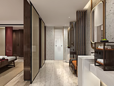 Modern Hotel Guest Room Interior with Wooden Screens Marble Floors and Vanity Mirror 3d model
