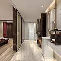 Modern Hotel Guest Room Interior with Wooden Screens Marble Floors and Vanity Mirror