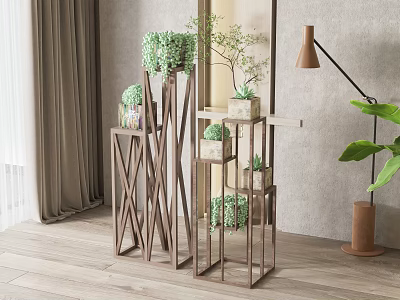 Indoor Garden Decor with Multi Tiered Wooden Plant Stands and Green Potted Plants 3d model