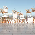 Welcome Home Outdoor Scene With Floral Arrangements And White Structures