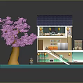 Cartoon Multi Level House With Blue Roof Pink Cherry Blossom Tree And Staircase