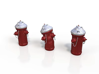 Three Red Fire Hydrants With Silver Tops And Hanging Chains Design 3d model