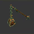 Decorative 3D Weapon With Orange Green Spherical Head And Ornate Staff Intricate Patterns
