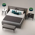 Modern Double Bed with Blue White Pillows Nightstands Table Lamps and Bed Bench 3d model