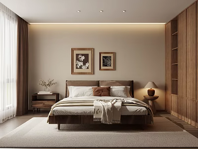 Modern Bedroom Interior Design With Wooden Bed Nightstand Decorative Paintings And Curtains 3d model