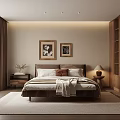 Modern Bedroom Interior Design With Wooden Bed Nightstand Decorative Paintings And Curtains