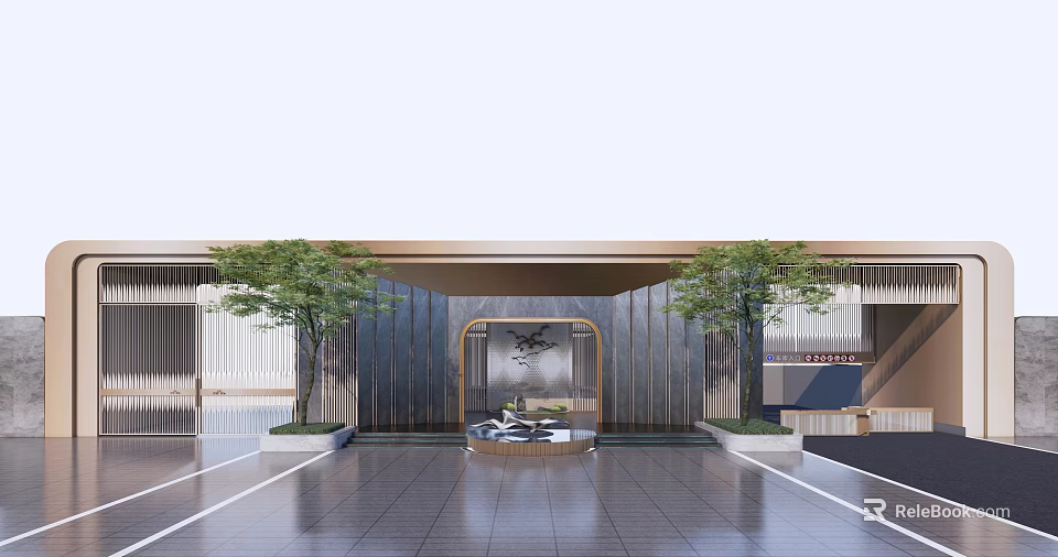 Elegant Modern Entrance Gate Design With Side Trees Decorative Wall And Stone Floor 3d model 